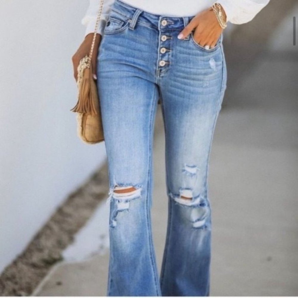 New Kan Can Distressed Button Fly Flare Leg Jeans - Picture 6 of 16